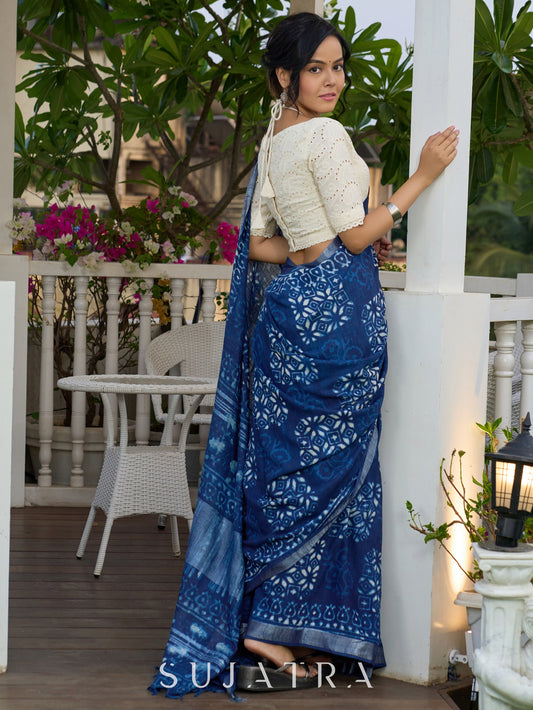 Indigo block-printed elegance on Linen saree, with breezy charm and heritage soul