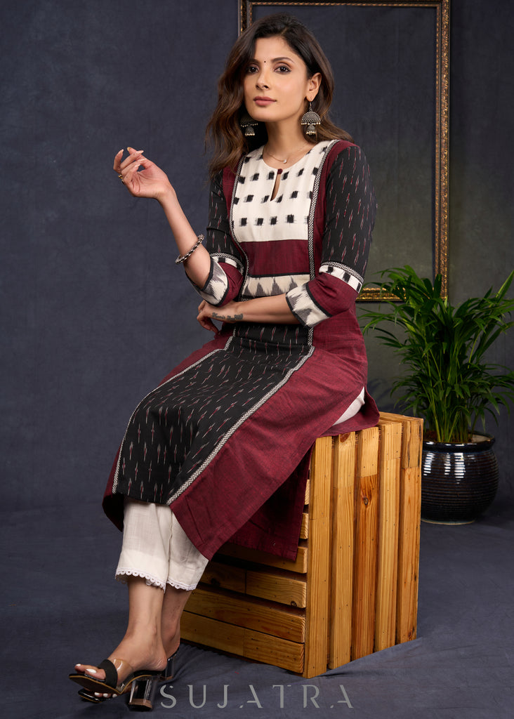 Trendy Black & Maroon Cotton Ikat Combination Kurta - PantOptional