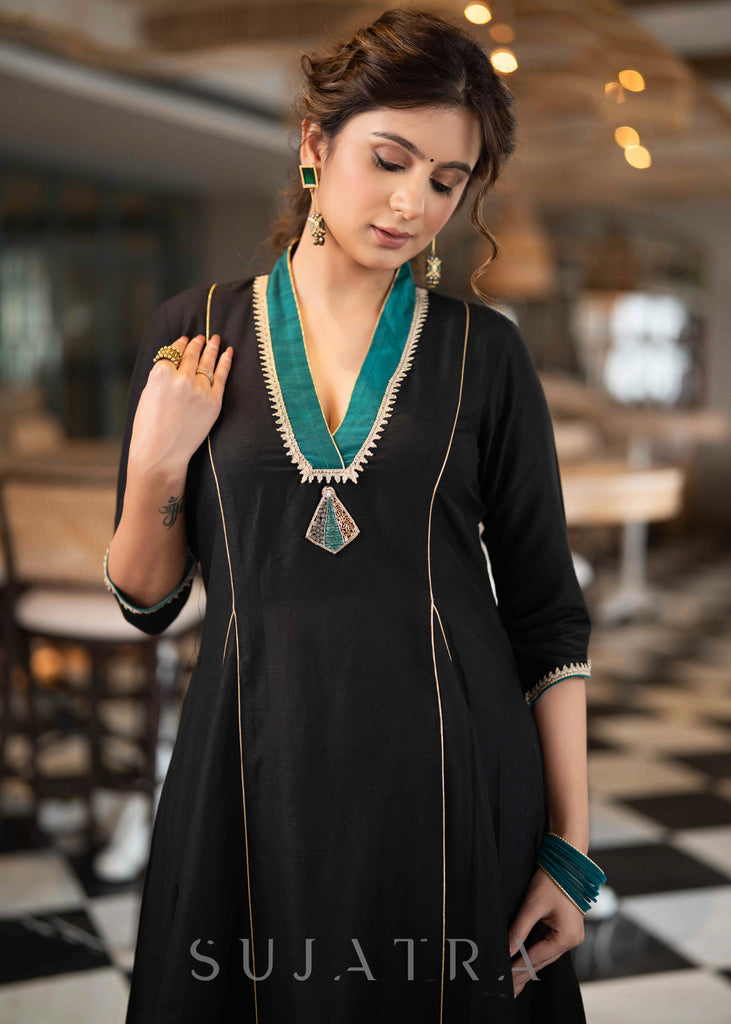 Beautiful Black Cotton Silk pant & A Line Kurta With Turquoise Detailing & Brooch  - Dupatta Optional