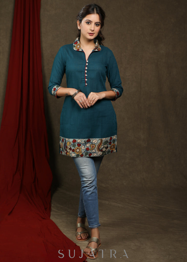 Elegant teal cotton tunic with beautiful pure kalamkari combination