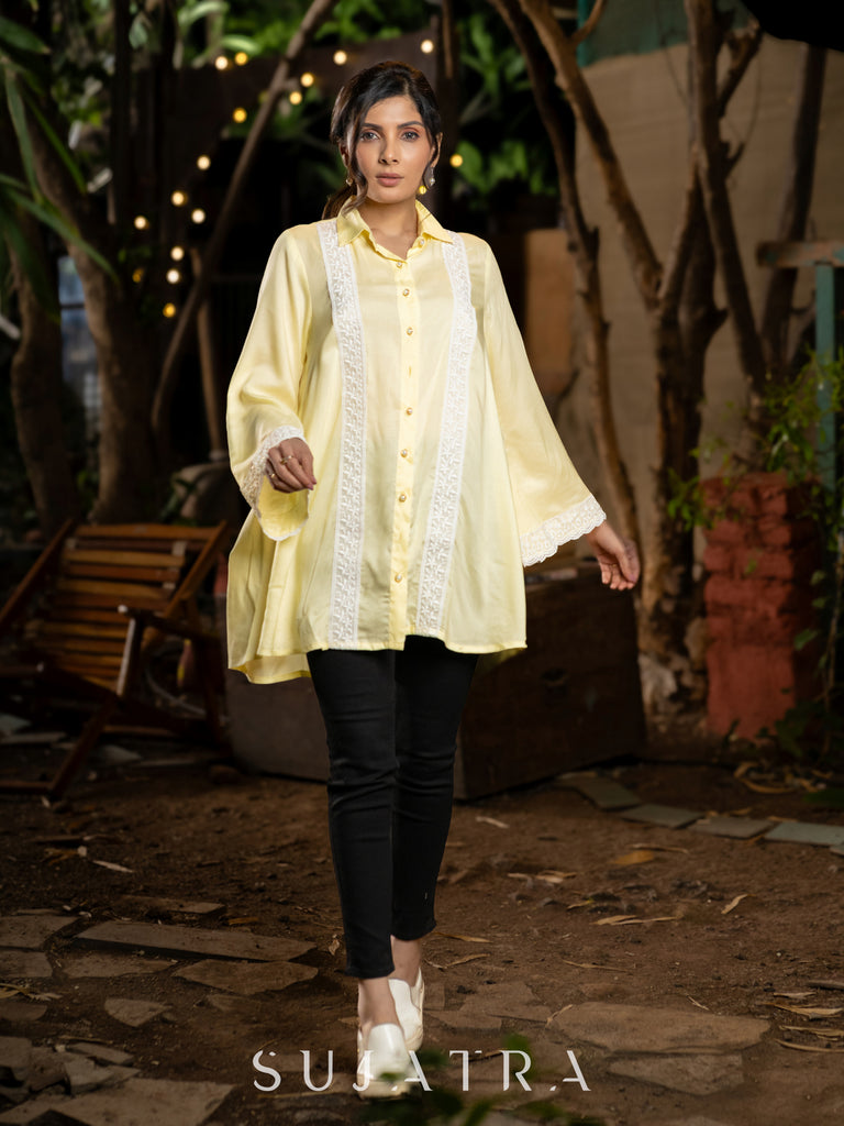 Breezy Lemon Yellow Modal Longline Shirt with Graceful Scallop Lace Trims
