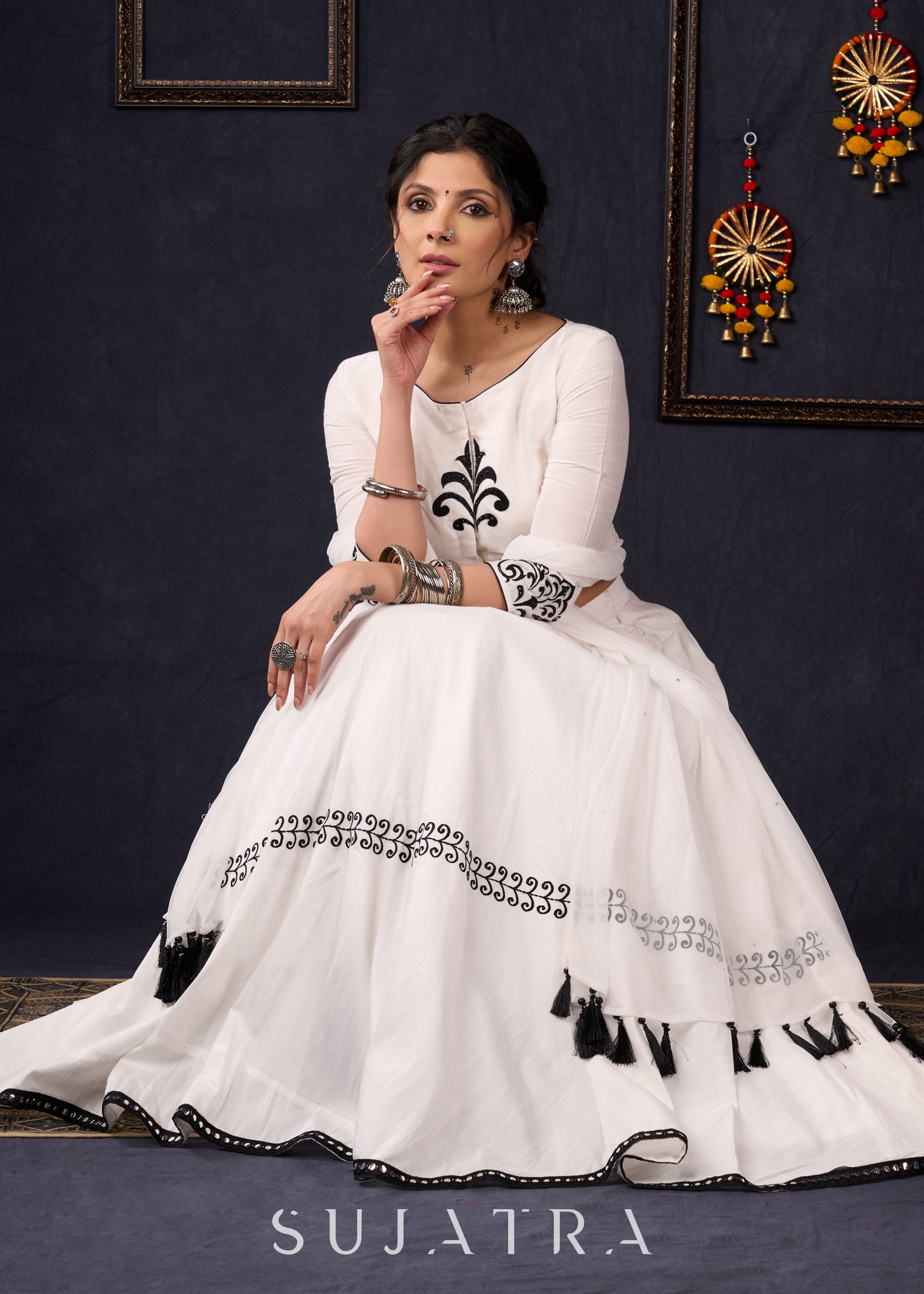 Elegant White Silk Lehenga In Black Embroidery With Matching Blouse & –  Sujatra