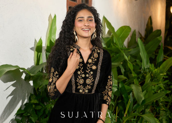 Exclusive black velvet floral embroidered one piece dress – Sujatra