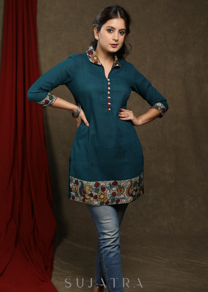 Elegant teal cotton tunic with beautiful pure kalamkari combination