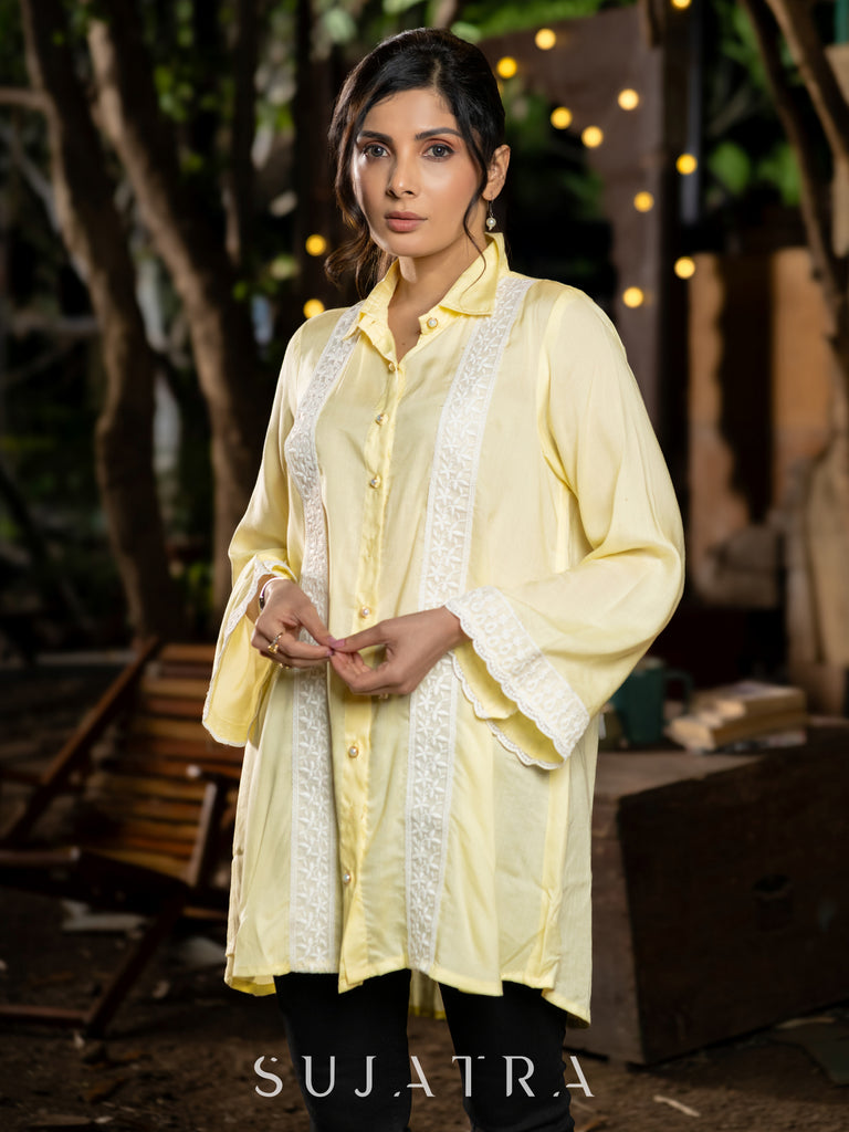 Breezy Lemon Yellow Modal Longline Shirt with Graceful Scallop Lace Trims