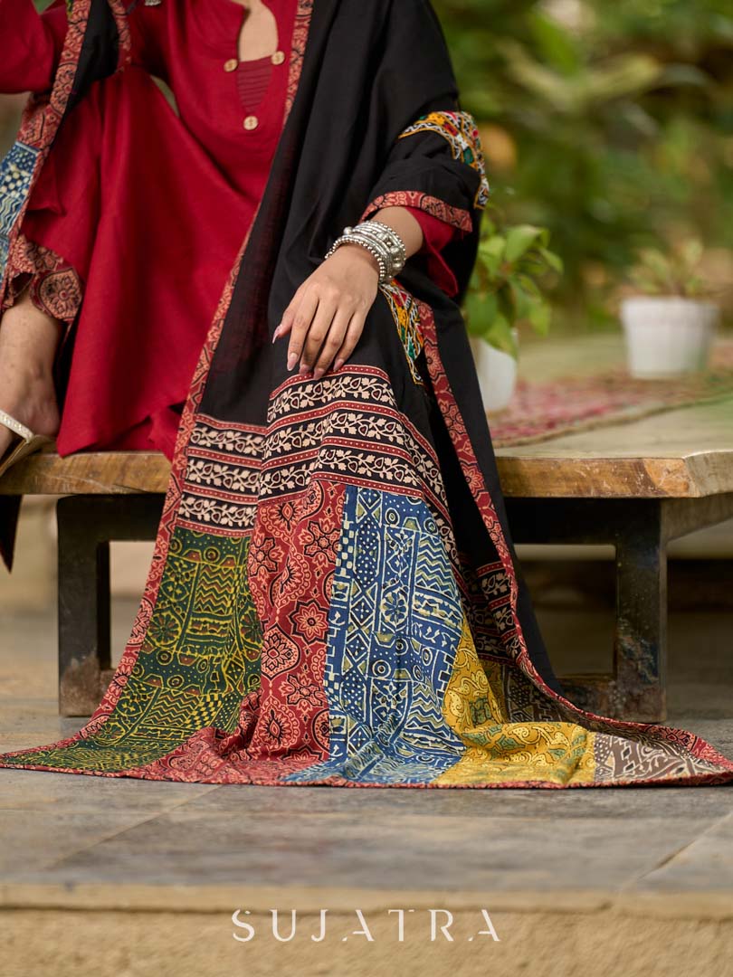 Contemporary Black Cotton Dupatta with Ajrakh Patchwork Pallu & Kutch Hand Embroidered Mirror Work