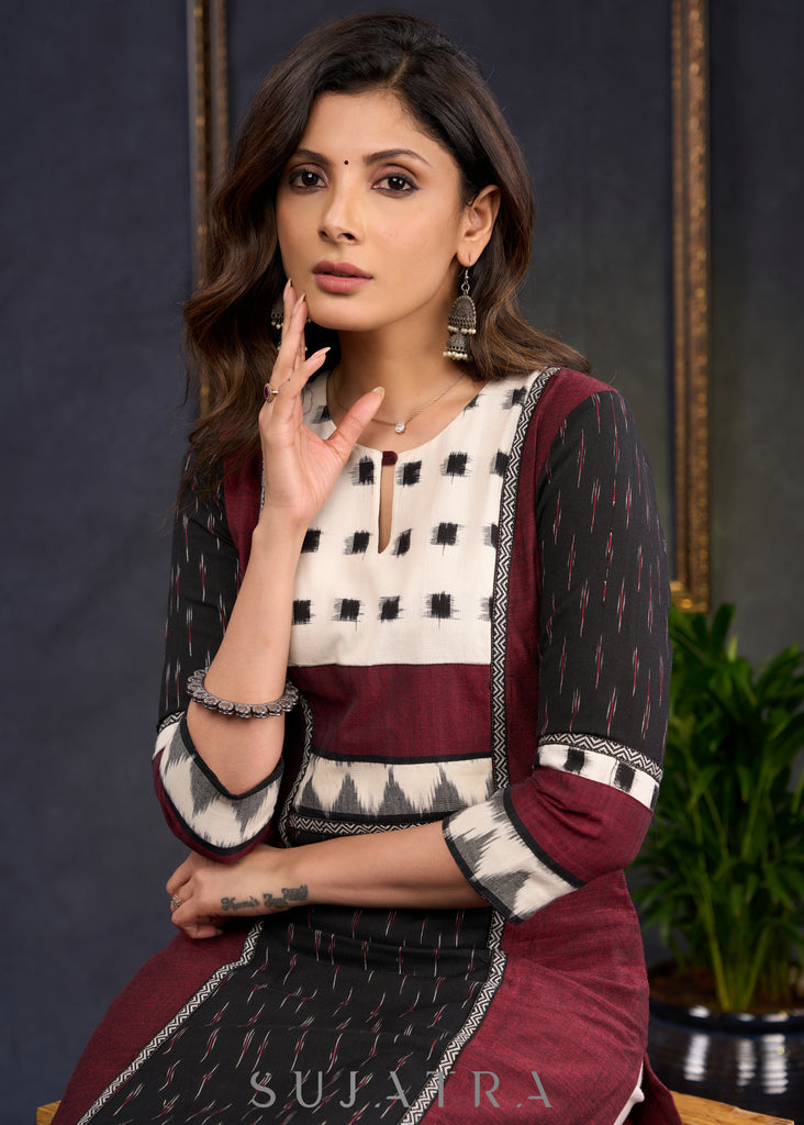 Trendy Black & Maroon Cotton Ikat Combination Kurta - PantOptional