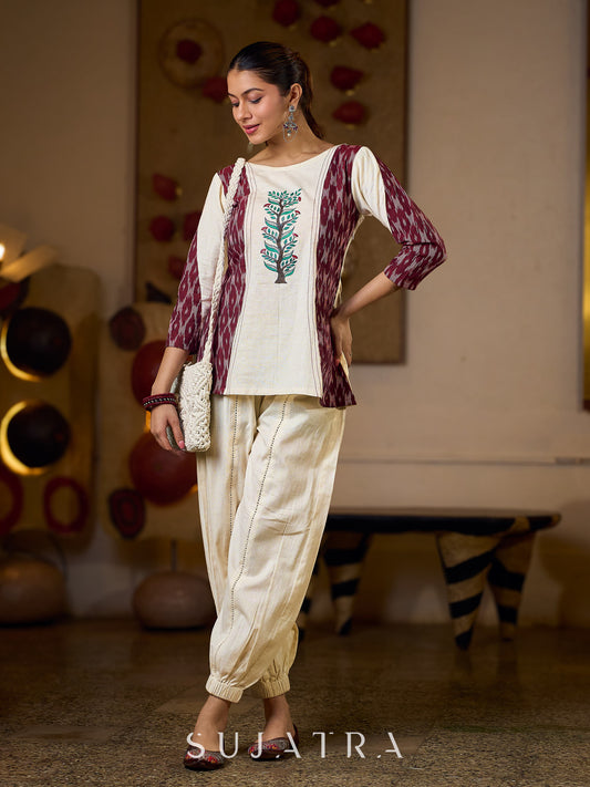 Ivory Cotton Flex Top with Maroon Ikat Panels and Hand Painted Gond Motif