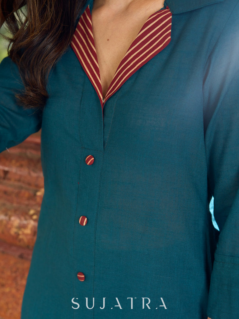 Kalamkari-accented teal cotton kurta with a beautifully balanced combination - teal pant optional