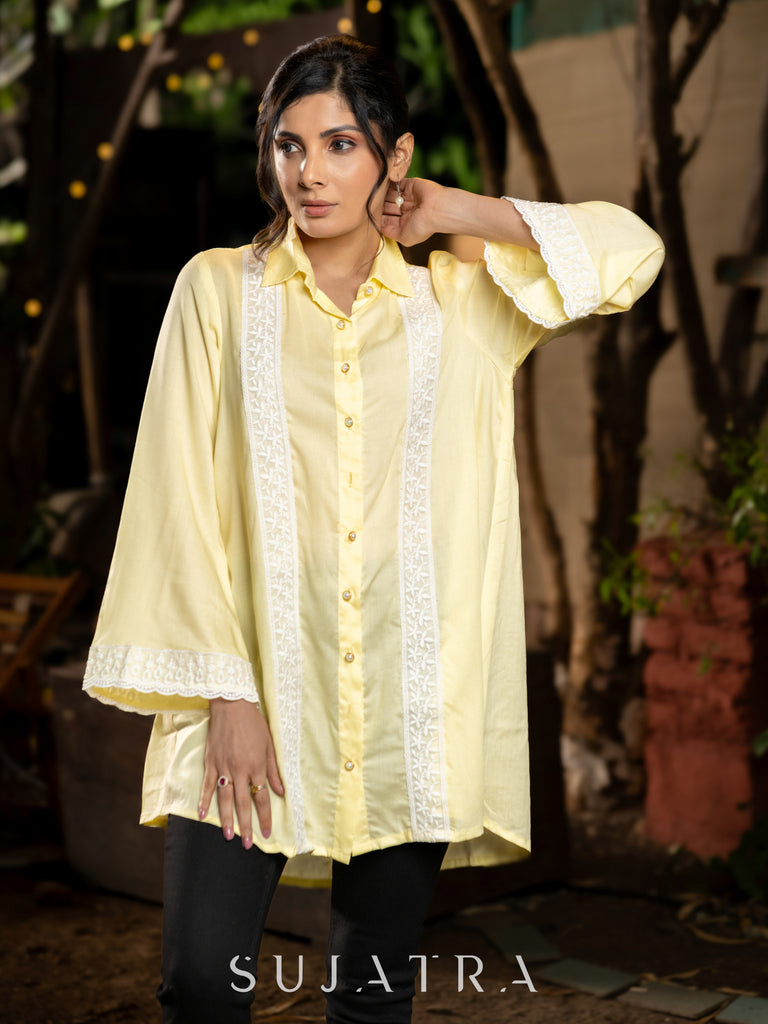 Breezy Lemon Yellow Modal Longline Shirt with Graceful Scallop Lace Trims