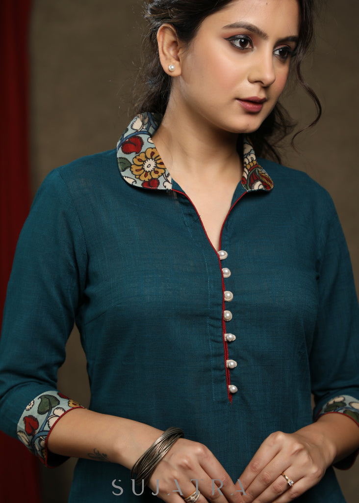 Elegant teal cotton tunic with beautiful pure kalamkari combination