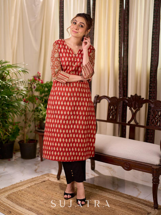 Deep Rust Buti Printed Cotton Straight Kurta with Floral Sleeves and Striped Cuff