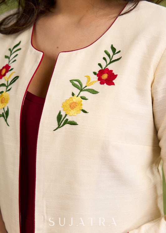 Elegant And Effortless Ivory Colour Embroidered Jacket With Hidden Pockets - Dress Optional