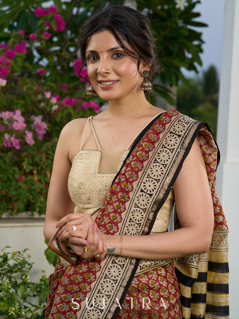 Chanderi hand block-printed saree in heritage florals, stripes, and golden grandeur