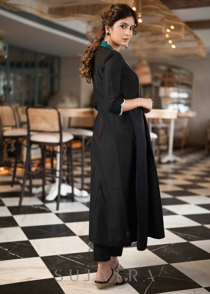 Beautiful Black Cotton Silk pant & A Line Kurta With Turquoise Detailing & Brooch  - Dupatta Optional