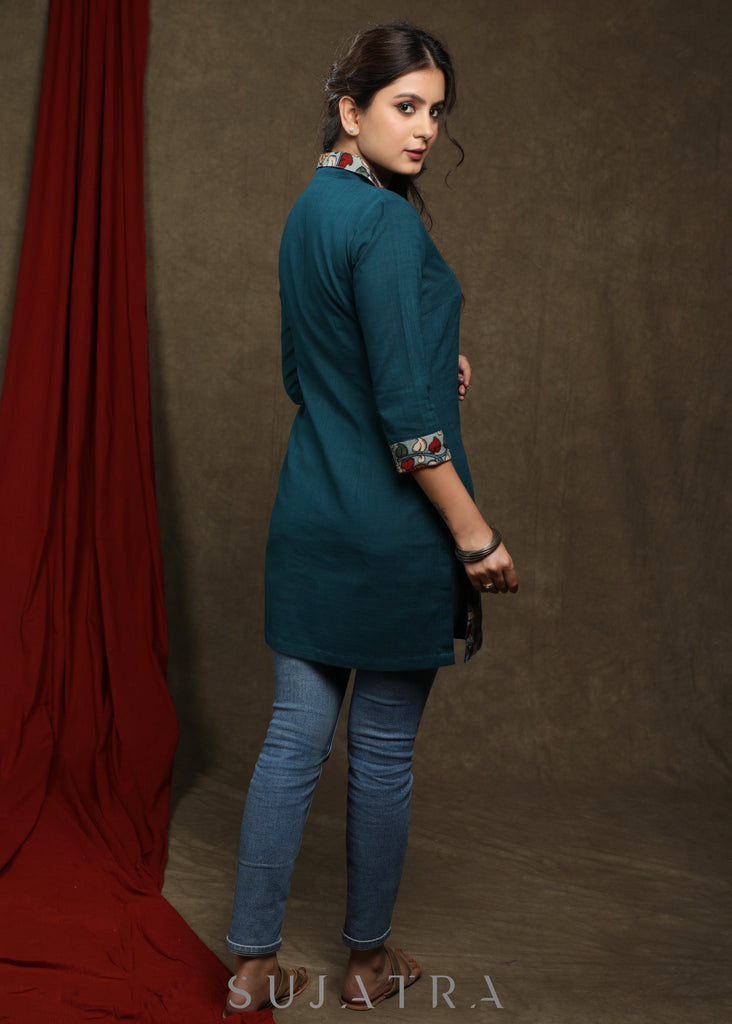 Elegant teal cotton tunic with beautiful pure kalamkari combination