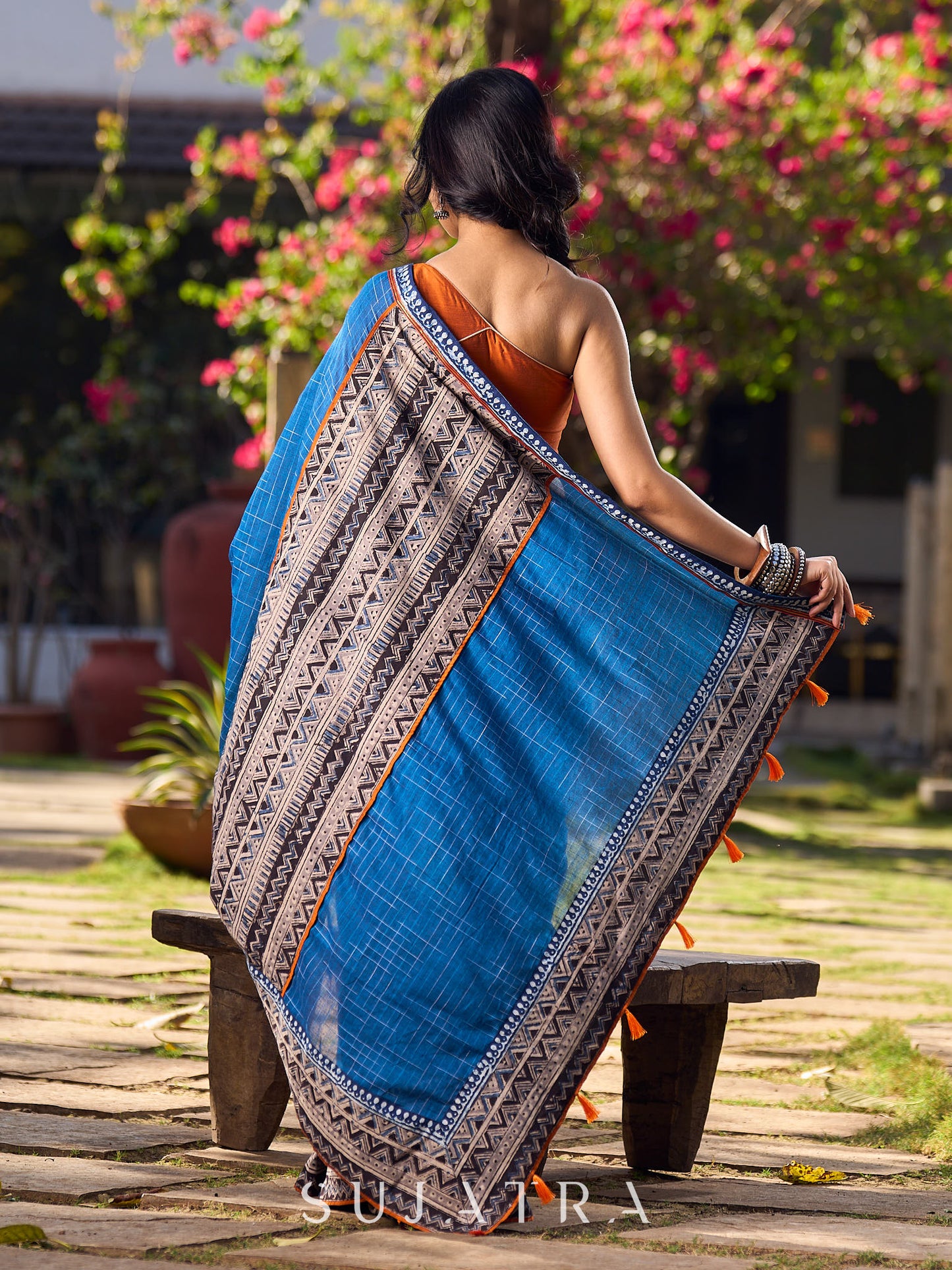 Classy Blue Saree with Kalamari Border & Contrasting Rust Accents