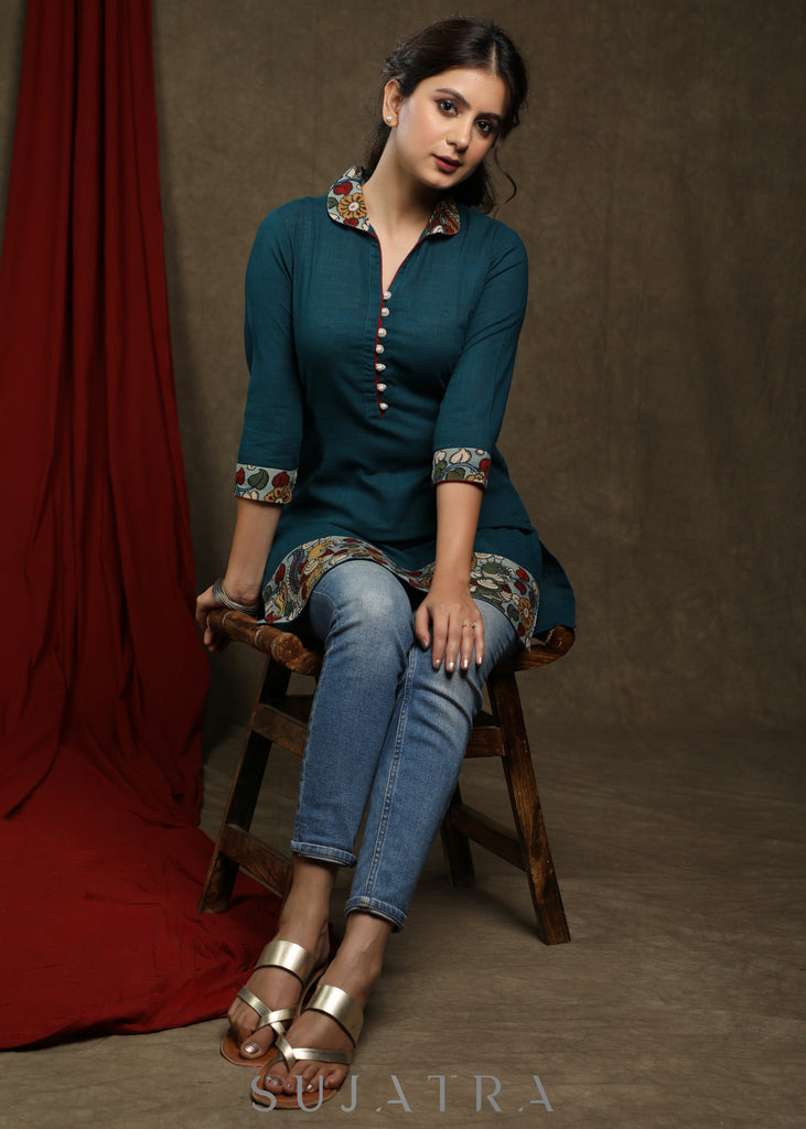 Elegant teal cotton tunic with beautiful pure kalamkari combination