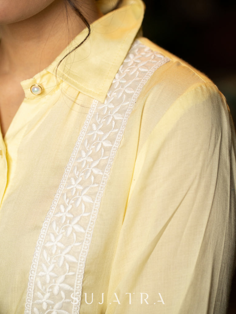 Breezy Lemon Yellow Modal Longline Shirt with Graceful Scallop Lace Trims