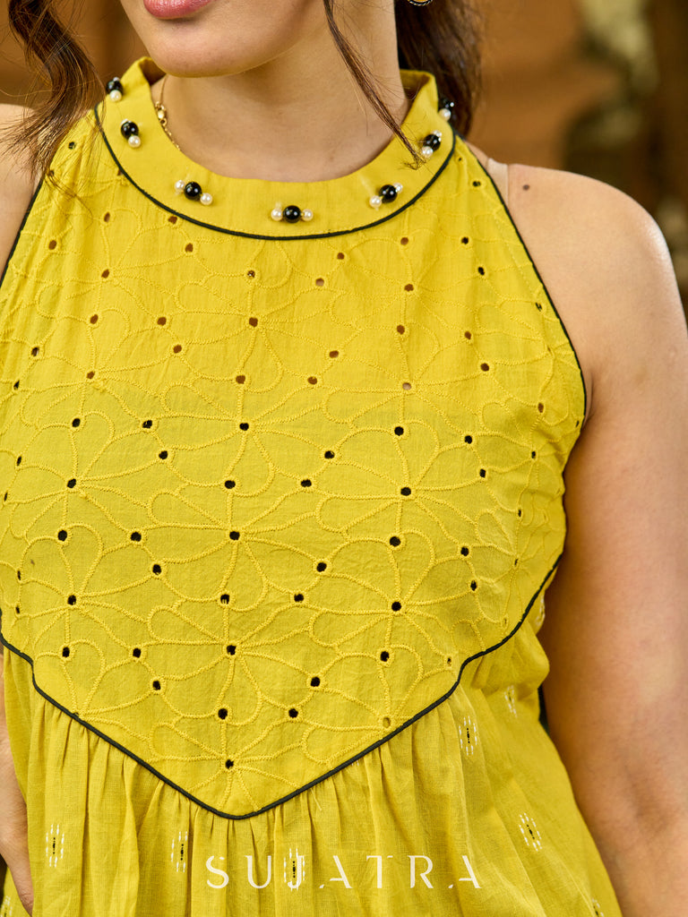 Yellow Jamdani Halter Neck Dress with Hakoba Yoke & Subtle Embellishments