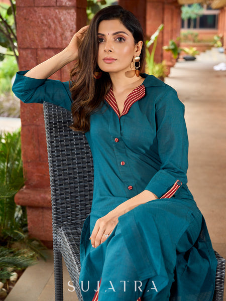 Kalamkari-accented teal cotton kurta with a beautifully balanced combination - teal pant optional