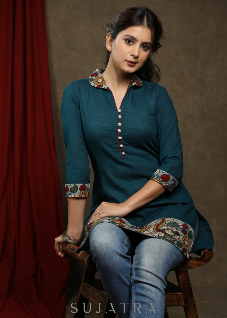 Elegant teal cotton tunic with beautiful pure kalamkari combination