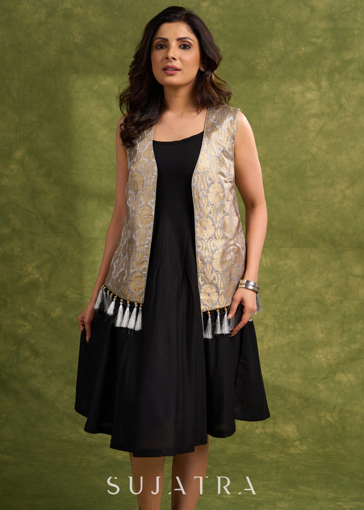 grey gold luxe brocade sleeveless jacket with tassels for elevated style dress optional