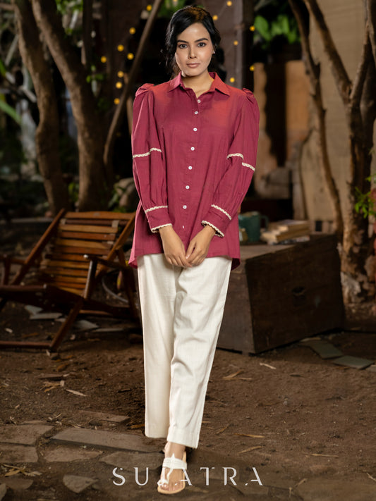 Majestic Magenta Cotton Shirt with Puffy Sleeves & Delicate Crochet Lace Embellishments