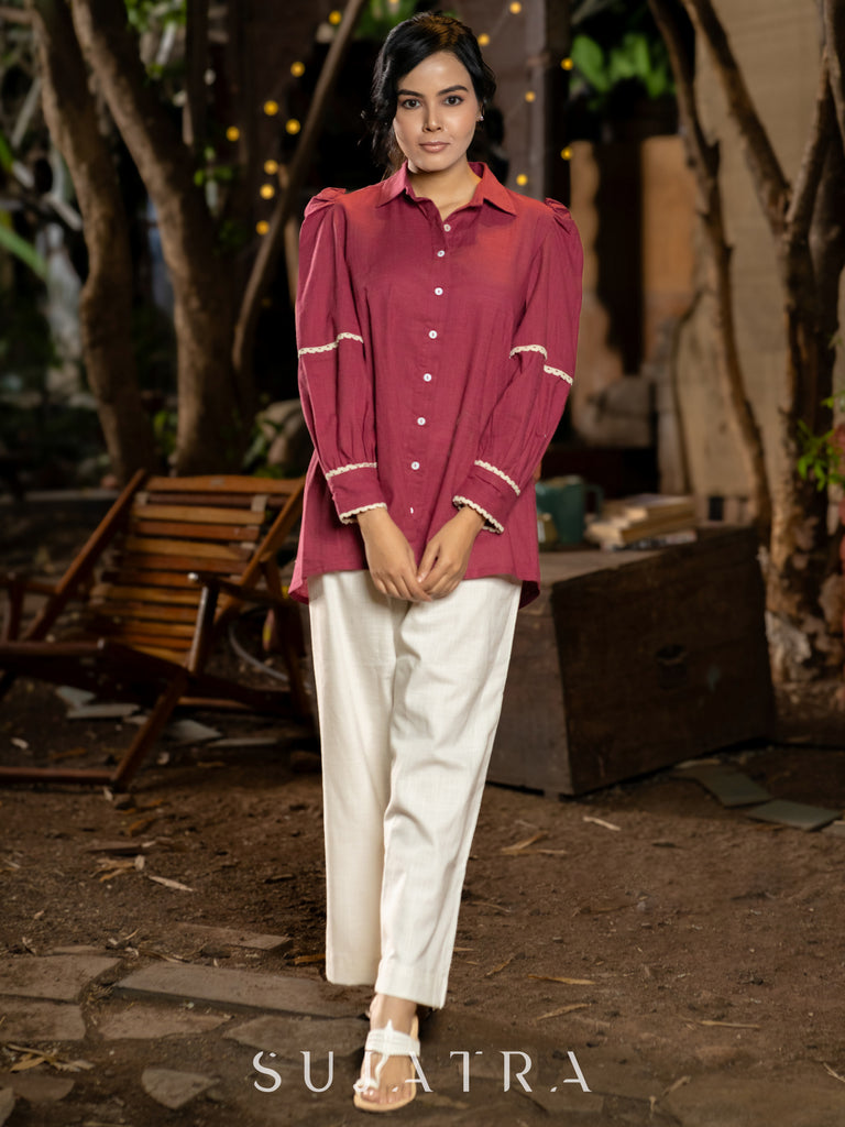 Majestic Magenta Cotton Shirt with Puffy Sleeves & Delicate Crochet Lace Embellishments