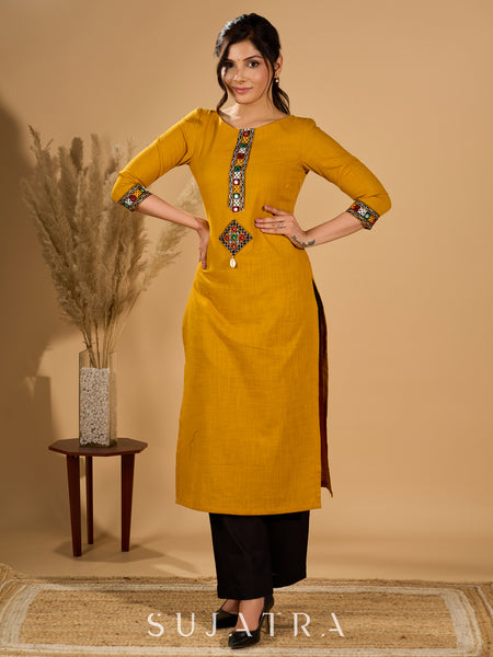 Mellow Mustard Kurta with Mirror Magic Sleeves and Placket