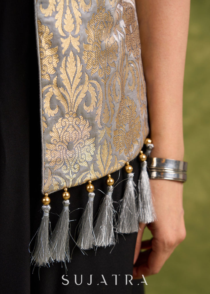 grey gold luxe brocade sleeveless jacket with tassels for elevated style dress optional