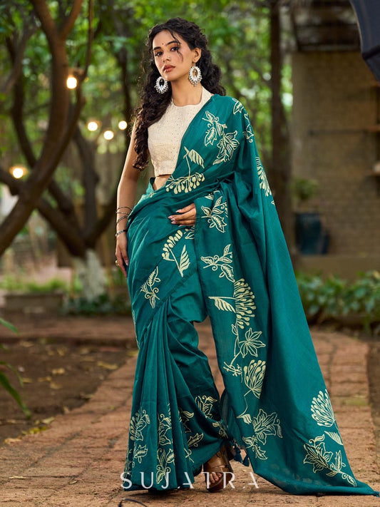 Elegant Rama Green Cotton Saree with Delicate Floral Hand Block Print