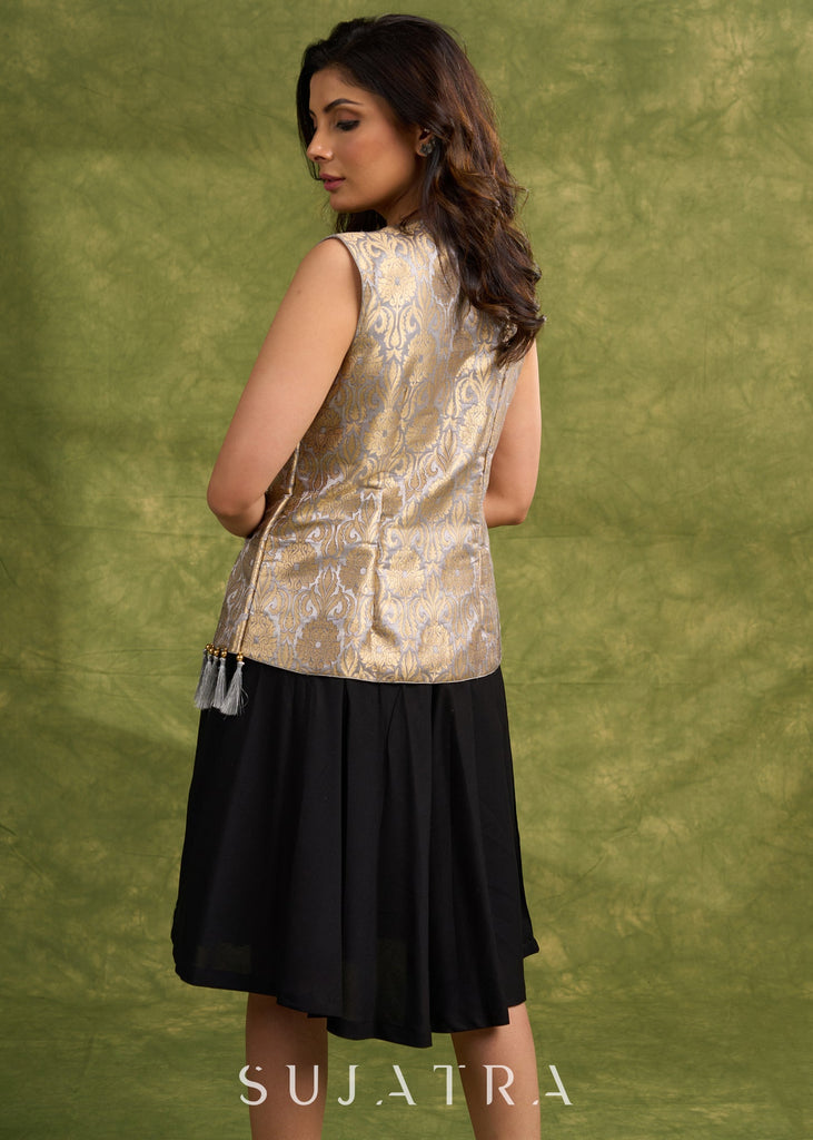 grey gold luxe brocade sleeveless jacket with tassels for elevated style dress optional