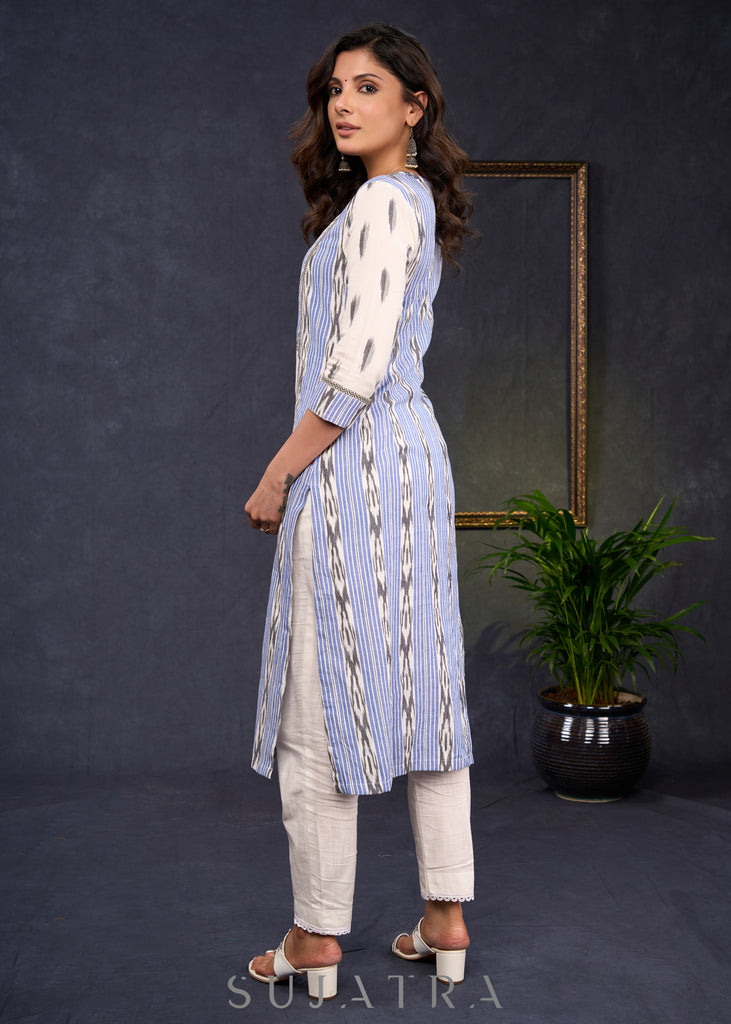 Simple-Blue-&-Grey-Cotton-Ikat-Combination-Kurta--Pant-Optional