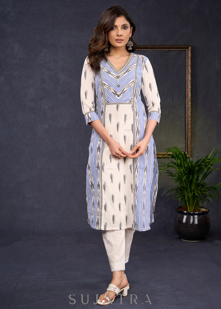 Simple-Blue-&-Grey-Cotton-Ikat-Combination-Kurta--Pant-Optional