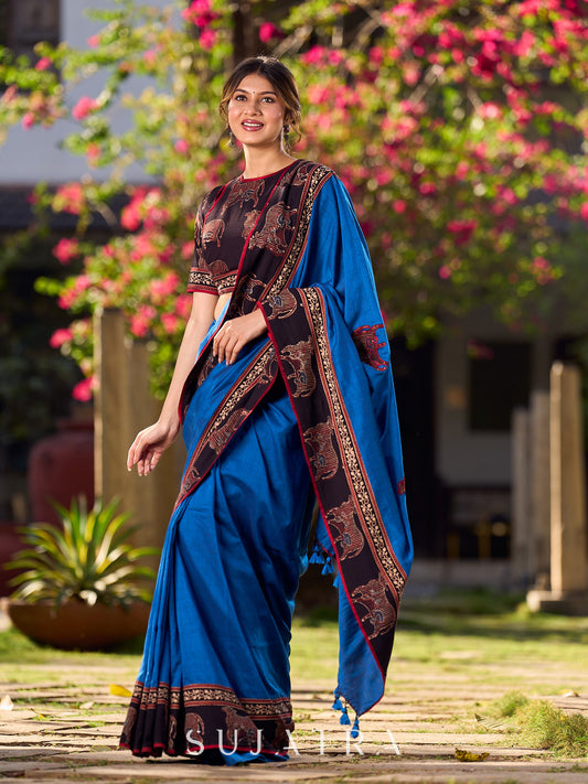 Chic Blue Saree with Pichwai Printed Border & Applique Work in Pallu