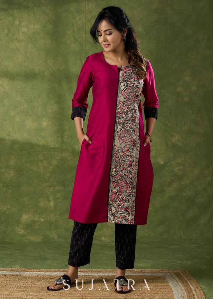 Classic Magenta Cotton Silk Kurta With Hand Painted Madhubani Panel - Pant Additional