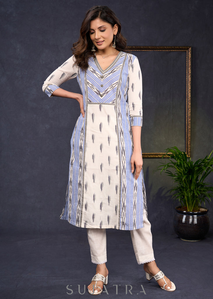 Simple-Blue-&-Grey-Cotton-Ikat-Combination-Kurta--Pant-Optional
