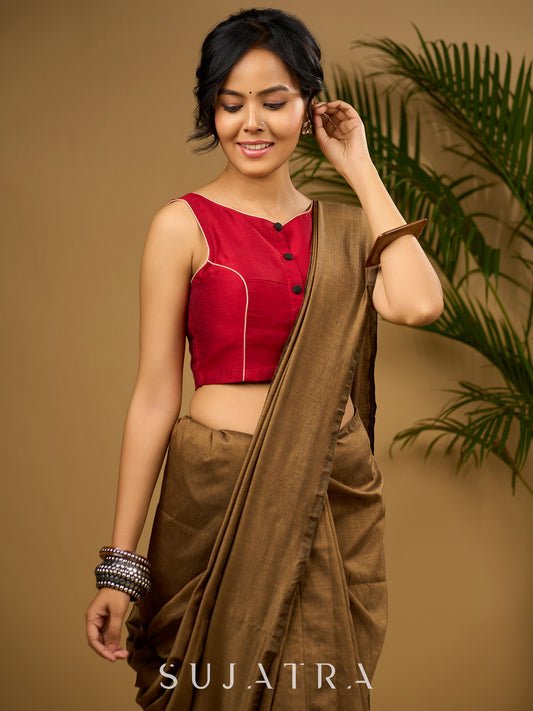 Smart maroon sleeveless slub silk blouse - Optional Plain Saree