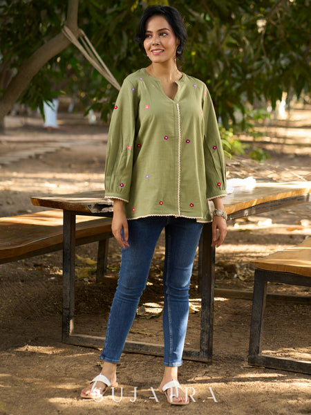 Mystical Mint Green Cotton Slub Top with Mandarin Collar, Placket, Delicate Floral Embroidery & Crochet Lace Accents