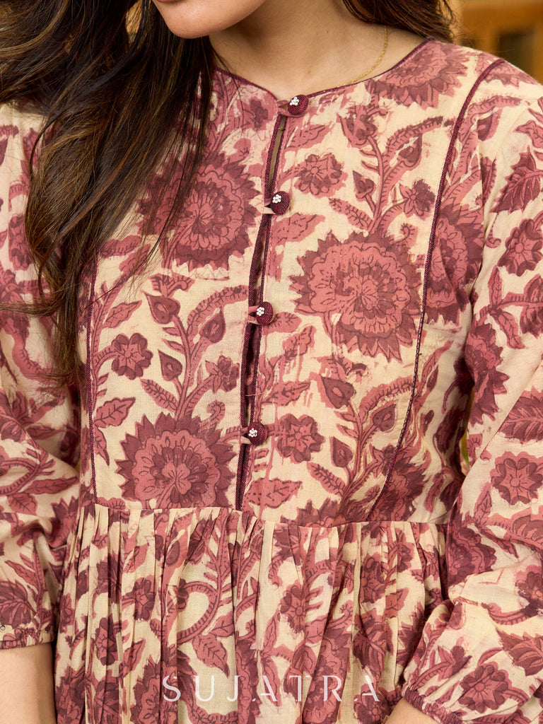 Crimson Garden Floral Printed Gathered Mul Cotton Top