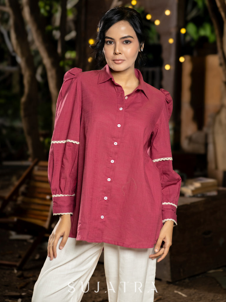 Majestic Magenta Cotton Shirt with Puffy Sleeves & Delicate Crochet Lace Embellishments