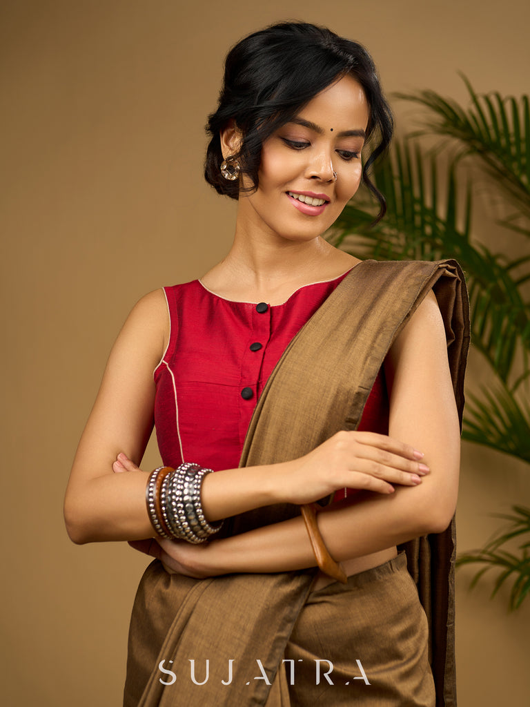 Smart maroon sleeveless slub silk blouse - Optional Plain Saree