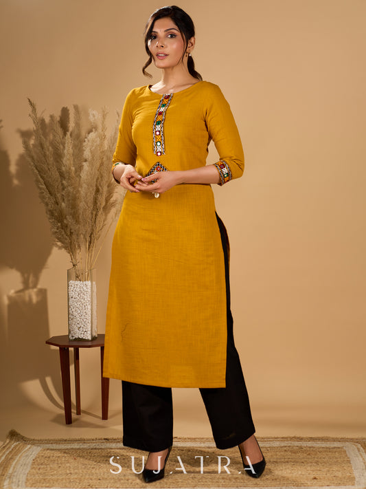 Mellow Mustard Kurta with Mirror Magic Sleeves and Placket