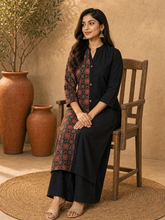 Chic Black Cotton Kurta with Contrasting Ajrakh Kantha Printed Panel