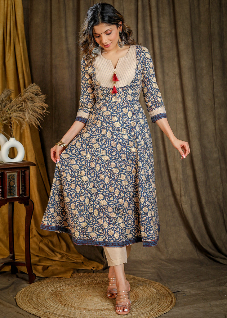 Elegant Blue Printed Kurta / One Piece Dress with Contrast Pintucks On Yoke - Pant Optional