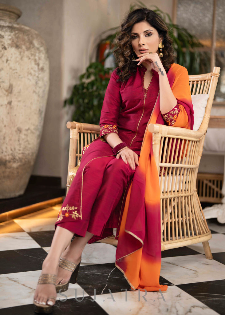 Beautiful Magenta Cotton Silk Pant &Kurta With Embroidery On Sides & Sleeves - Dupatta Optional
