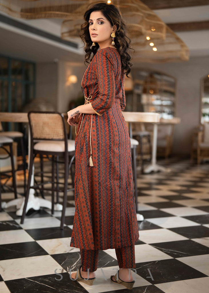 Trendy Maroon Printed A Line Kurta With Side Gold Dori Detailing - Pant Optional