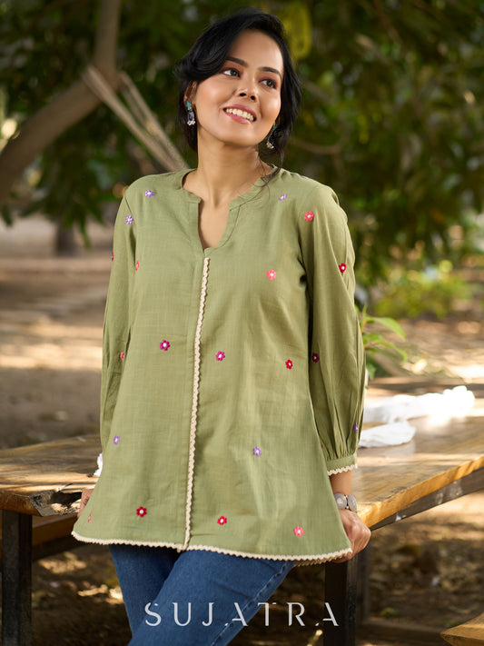 Mystical Mint Green Cotton Slub Top with Mandarin Collar, Placket, Delicate Floral Embroidery & Crochet Lace Accents