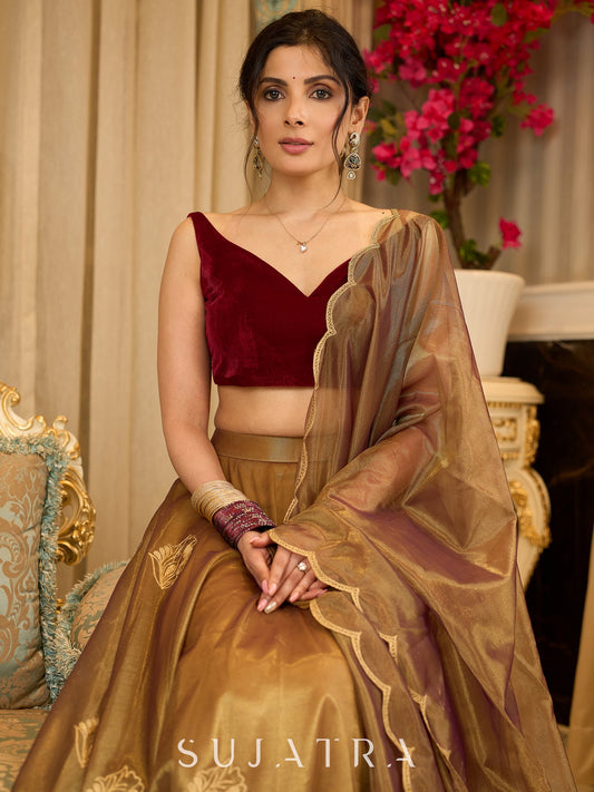 Regal ensemble gold tissue lehenga with intricate embroidery and a stunning velvet blouse - Dupatta Optional